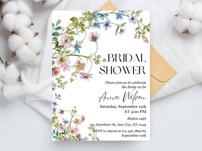 Wildflower Bridal Shower Invitation Template, Editable Floral Invite (Digital Download)