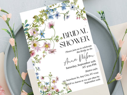 Wildflower Bridal Shower Invitation Template, Editable Floral Invite (Digital Download)