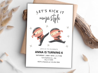 Ninja Girl Birthday Invitation, Editable Karate Party Invite (Digital Download)