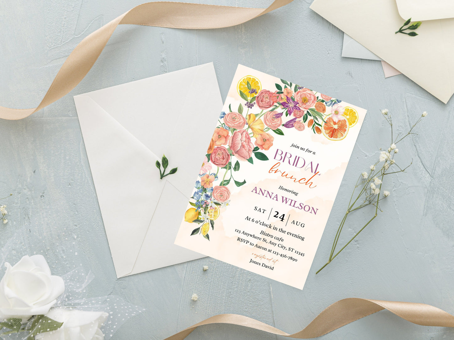 Citrus Bridal Brunch Invitation Template, Lemon Theme (Editable PDF)