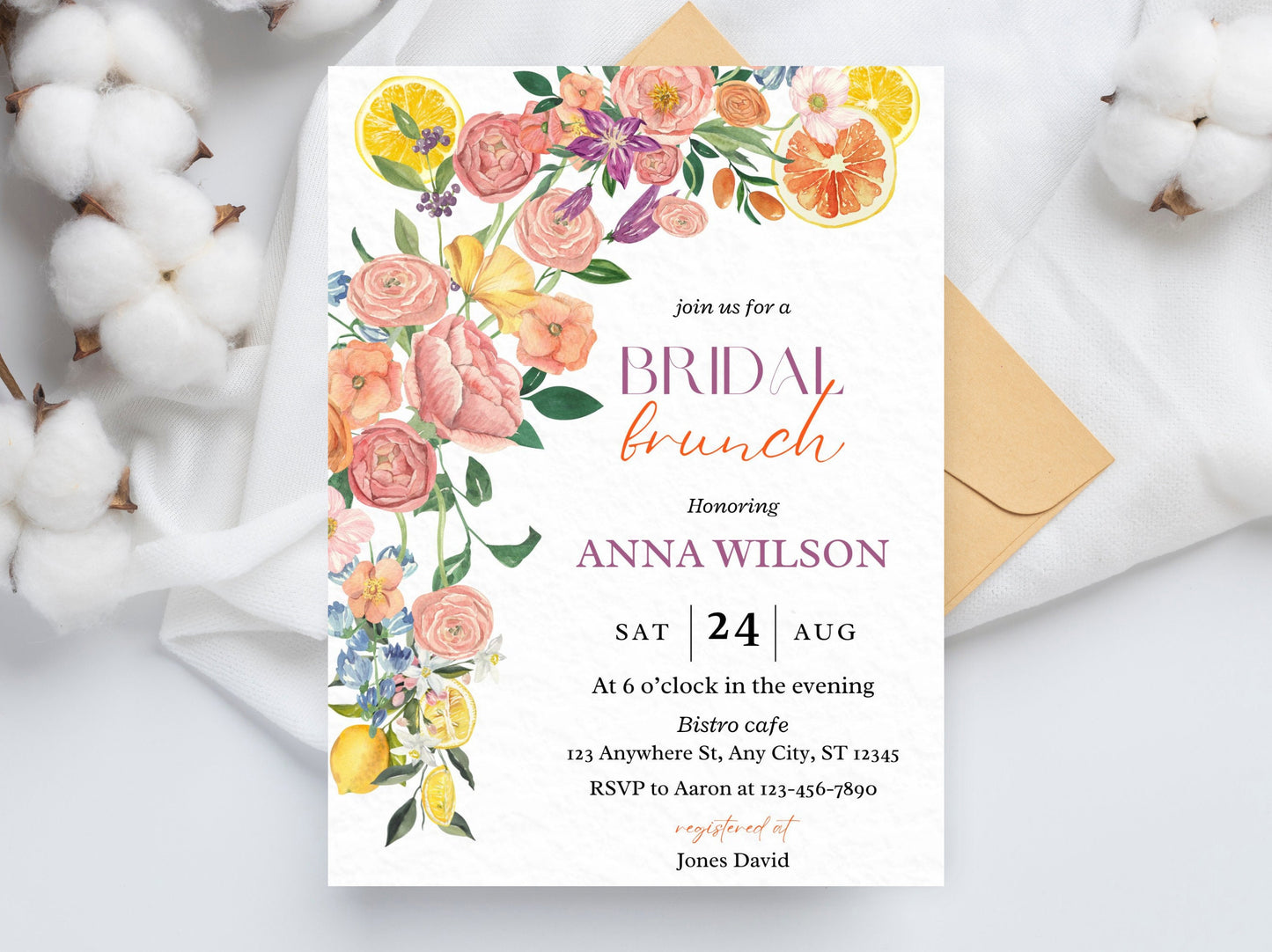 Invitation pour un brunch nuptial floral aux agrumes, thème citron (modèle modifiable)