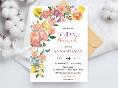 Invitation pour un brunch nuptial floral aux agrumes, thème citron (modèle modifiable)