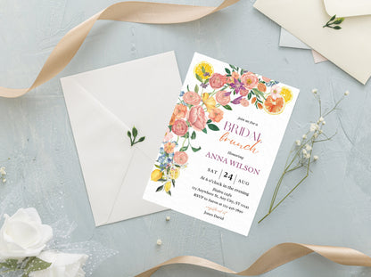 Invitation pour un brunch nuptial floral aux agrumes, thème citron (modèle modifiable)
