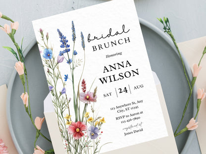 Wildflower Bridal Brunch Invitation Template, Editable Spring Floral (Digital Download)