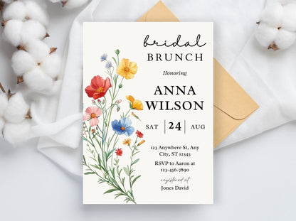 Wildflower Bridal Brunch Invitation Template, Boho Floral Party (Editable, 5x7, PDF)