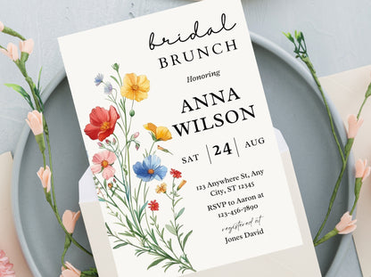 Wildflower Bridal Brunch Invitation Template, Boho Floral Party (Editable, 5x7, PDF)