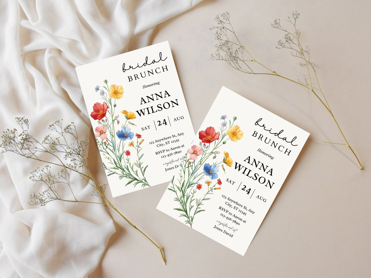 Wildflower Bridal Brunch Invitation Template, Boho Floral Party (Editable, 5x7, PDF)