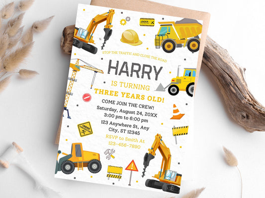 Construction Birthday Invitation Template, Editable Truck Party Invite (Digital Download)