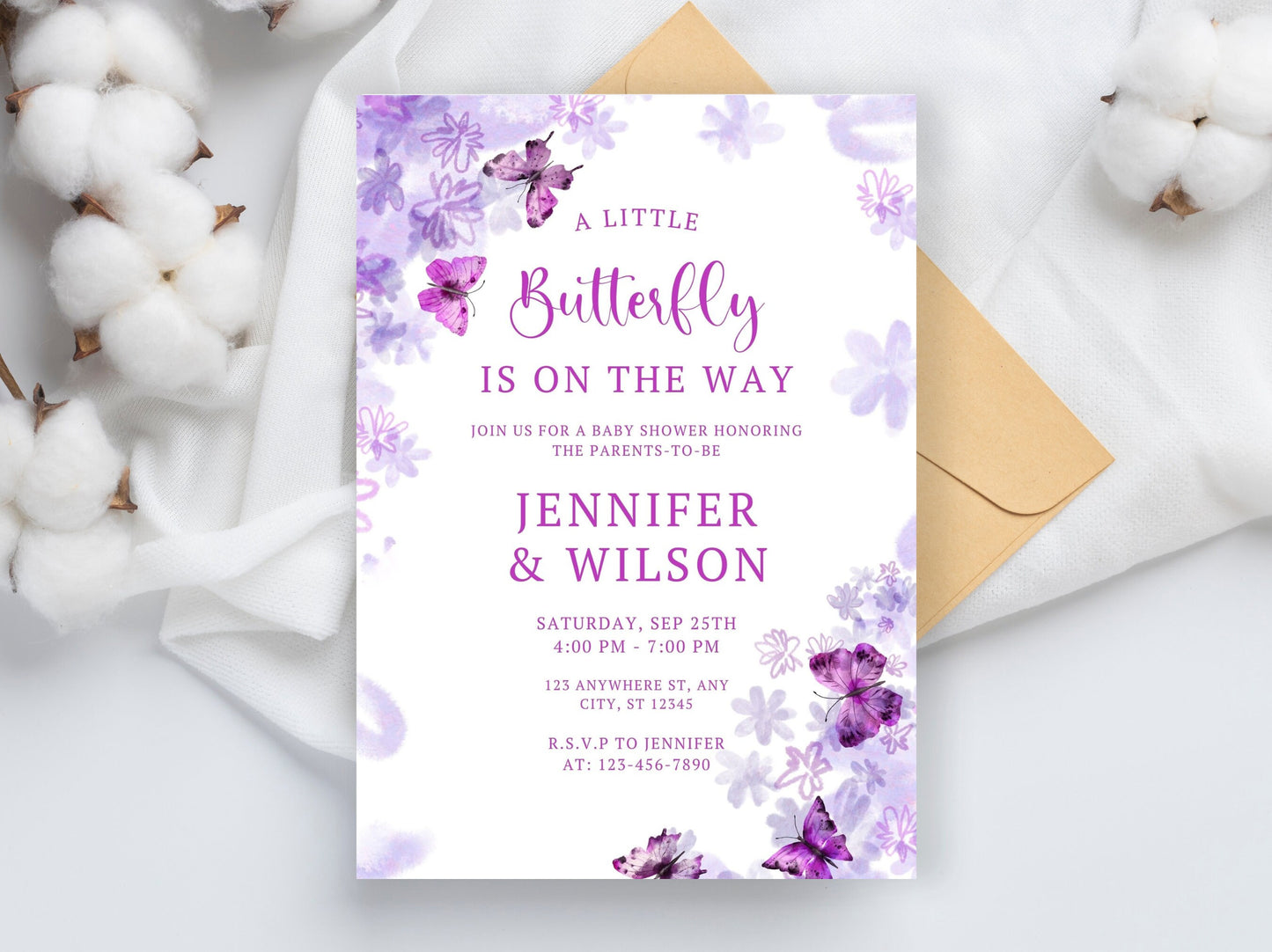 Butterfly Baby Shower Invitation Template, Purple Floral Invite (Digital Download)