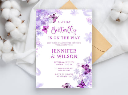 Butterfly Baby Shower Invitation Template, Purple Floral Invite (Digital Download)