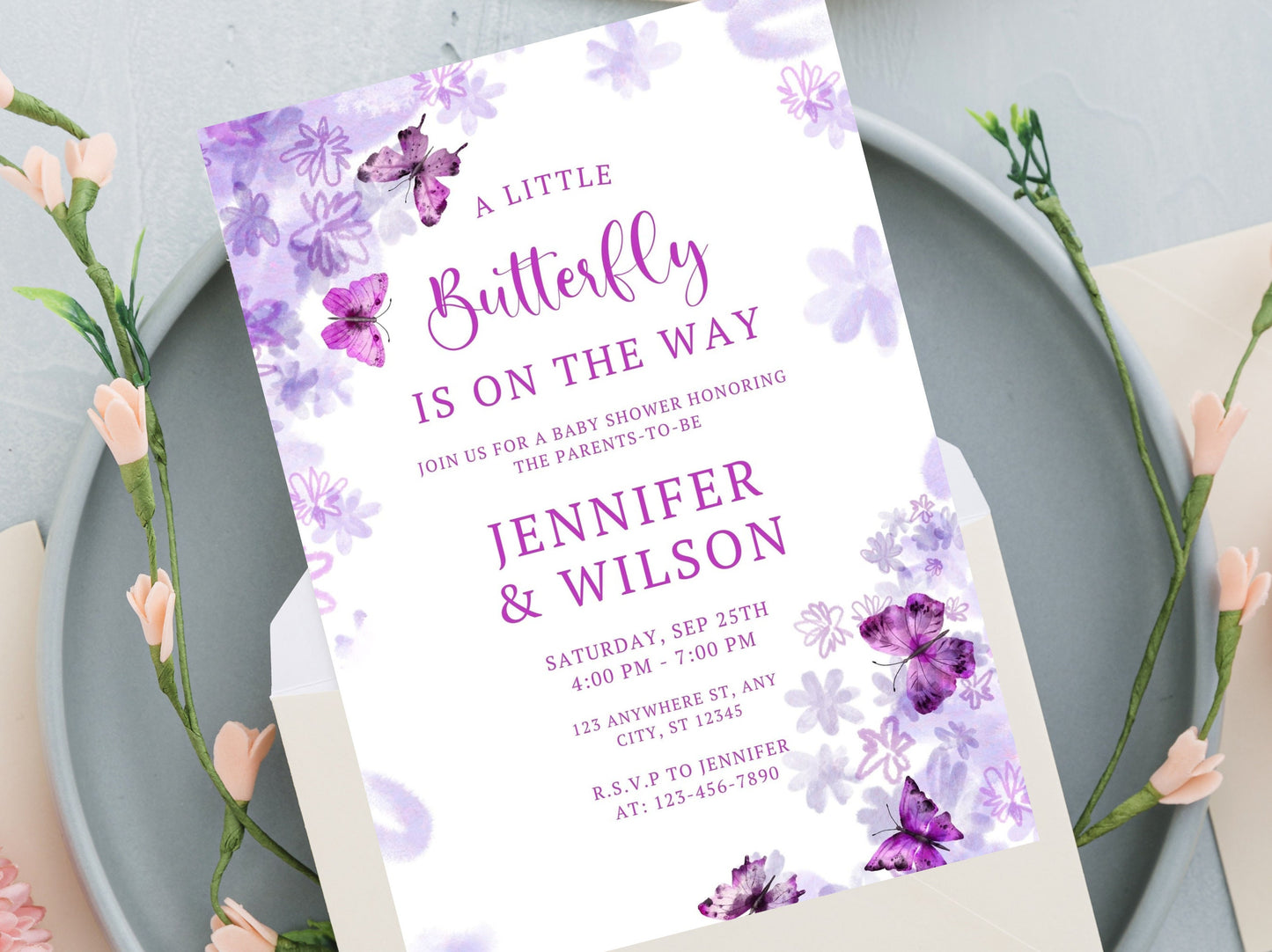 Butterfly Baby Shower Invitation Template, Purple Floral Invite (Digital Download)