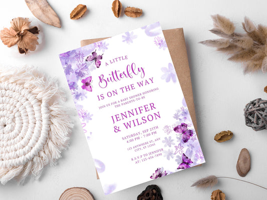Butterfly Baby Shower Invitation Template, Purple Floral Invite (Digital Download)