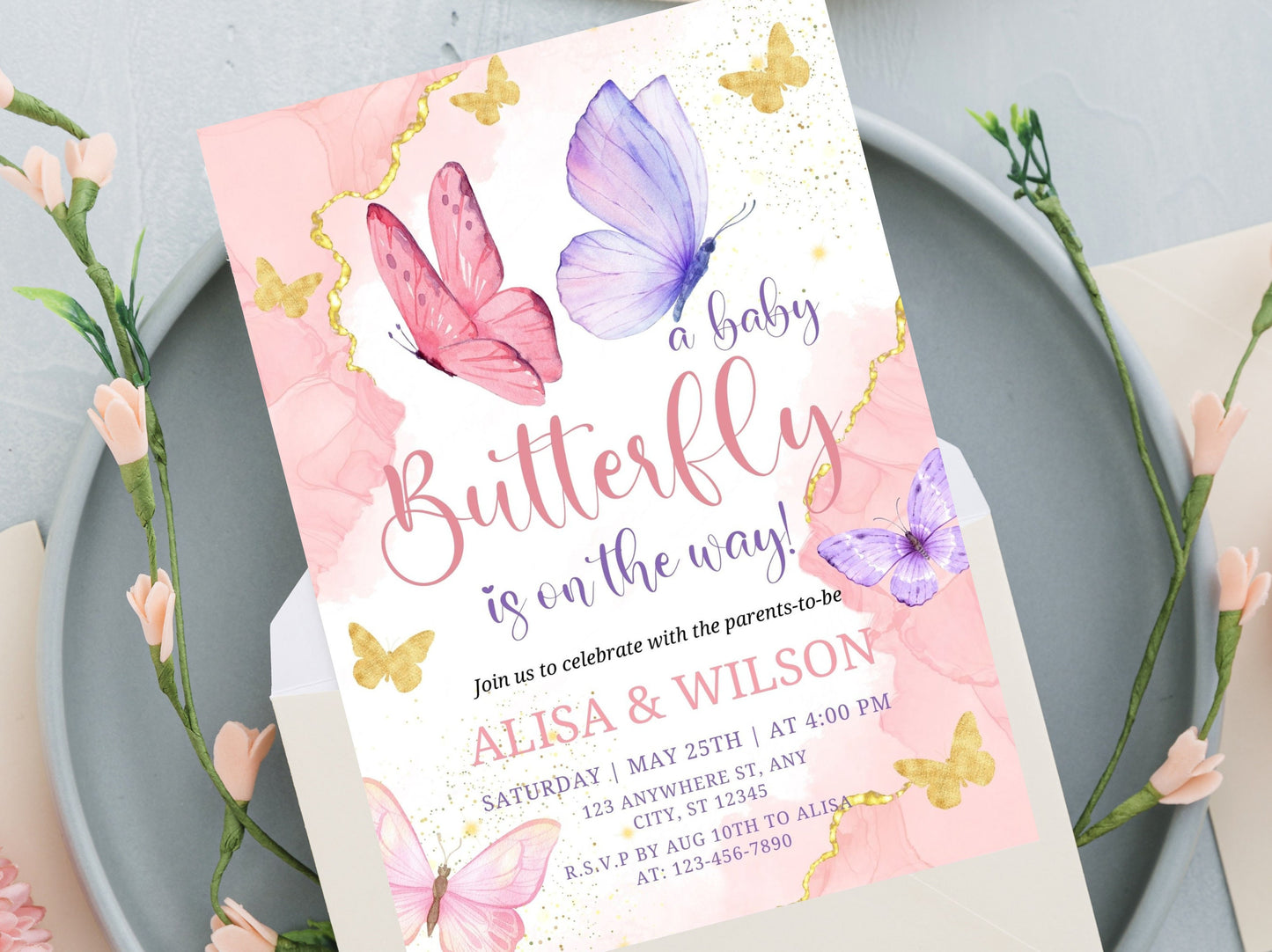 Editable Butterfly Baby Shower Invitation, Girl Theme (PDF)