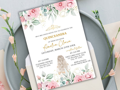 Blush Pink Floral Quinceanera Invitation, Editable Mis Quince Anos Invite (Digital Download)