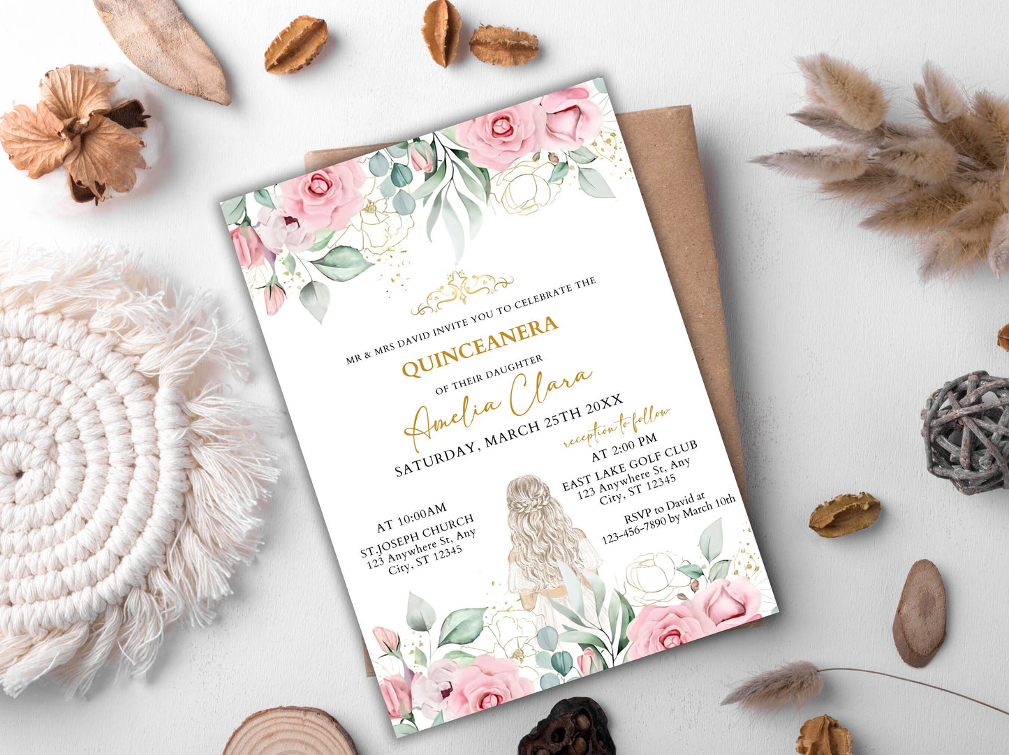 Blush Pink Floral Quinceanera Invitation, Editable Mis Quince Anos Invite (Digital Download)