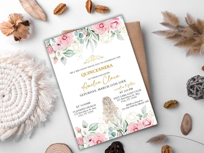 Blush Pink Floral Quinceanera Invitation, Editable Mis Quince Anos Invite (Digital Download)