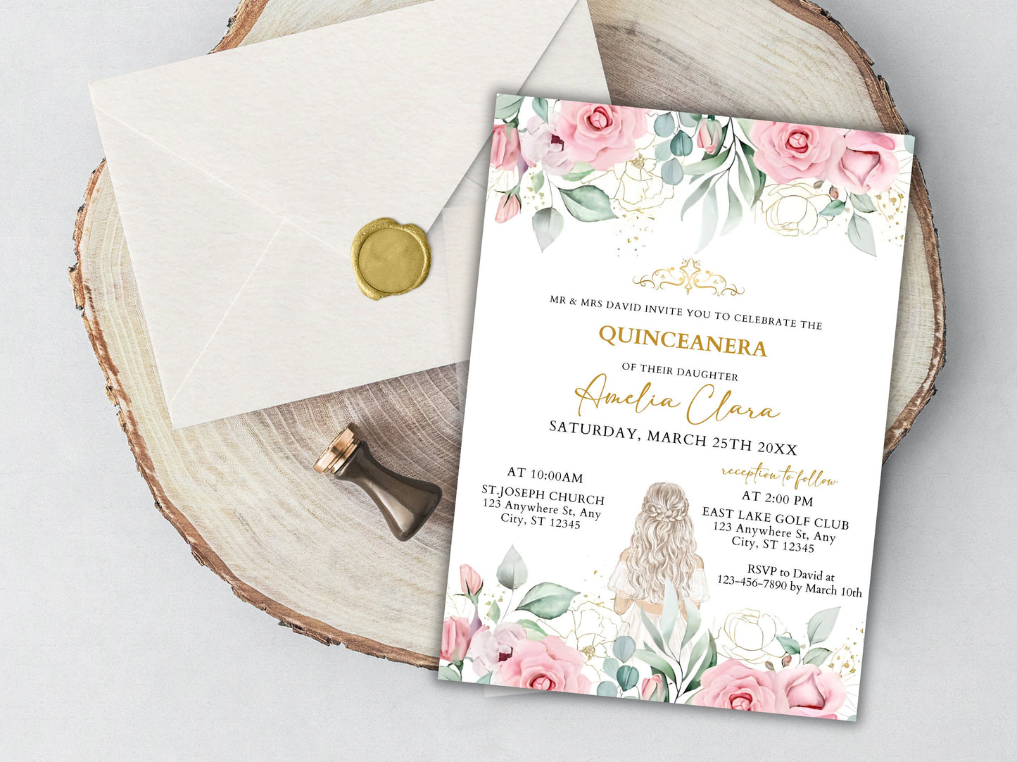 Blush Pink Floral Quinceanera Invitation, Editable Mis Quince Anos Invite (Digital Download)