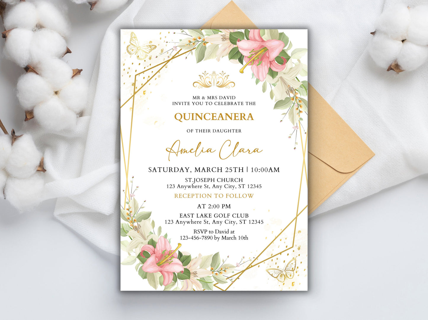 Blush Pink Floral Quinceanera Invitation, Gold Details (Instant Download)