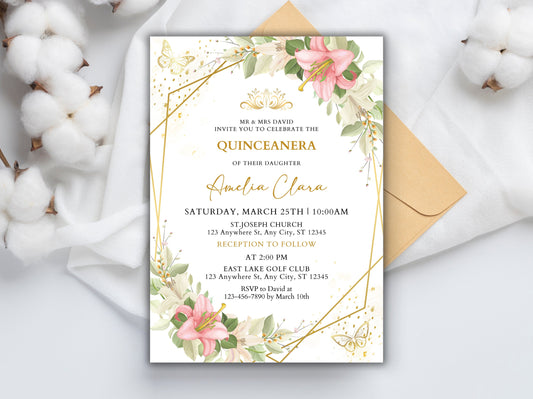 Blush Pink Floral Quinceanera Invitation, Gold Details (Instant Download)