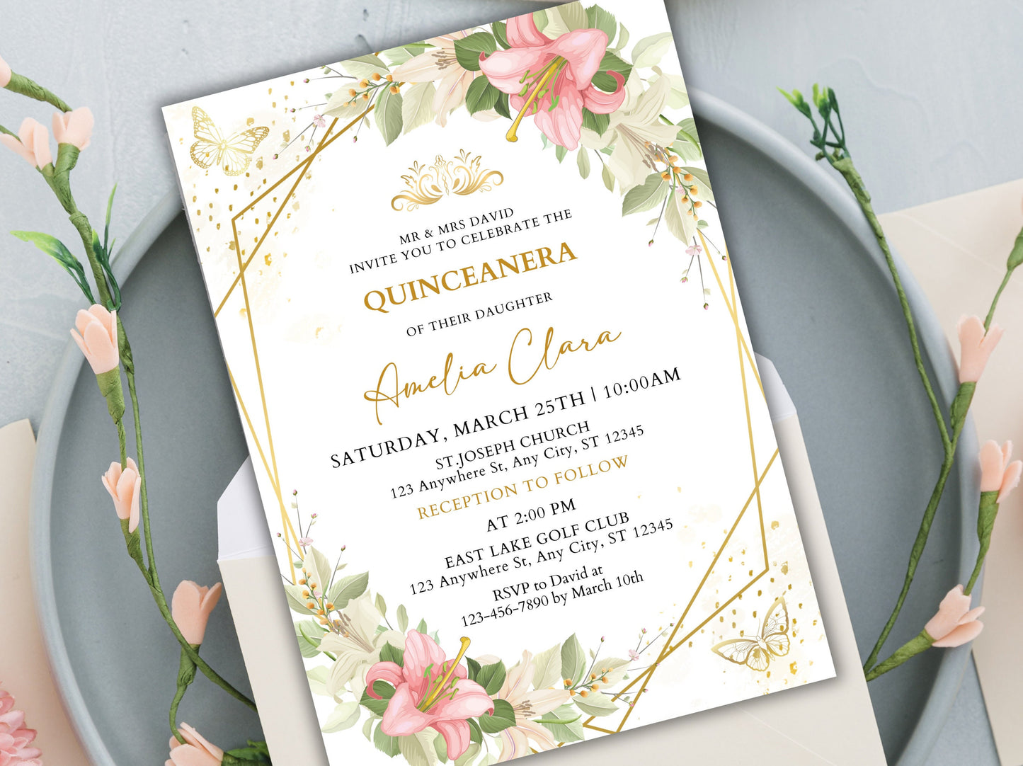 Blush Pink Floral Quinceanera Invitation, Gold Details (Instant Download)