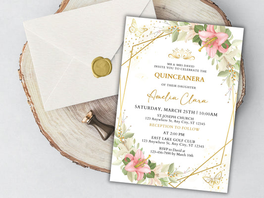Blush Pink Floral Quinceanera Invitation, Gold Details (Instant Download)