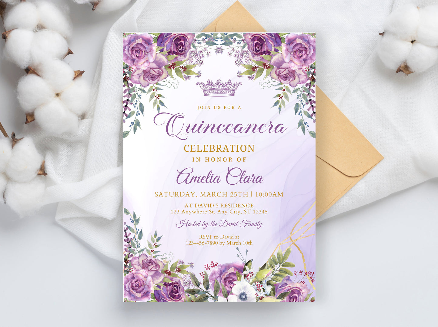 Purple Gold Floral Quinceanera Invitation Template (Digital Download)