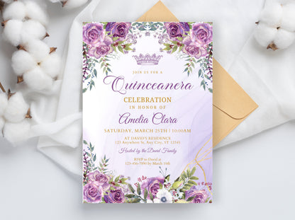 Purple Gold Floral Quinceanera Invitation Template (Digital Download)