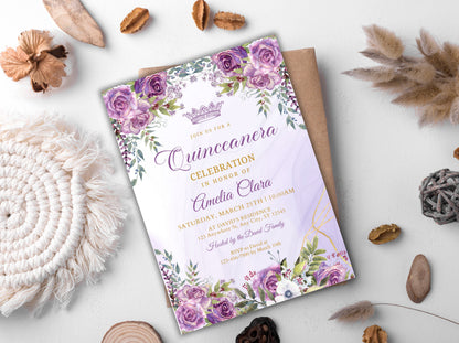 Purple Gold Floral Quinceanera Invitation Template (Digital Download)