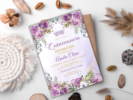 Purple Gold Floral Quinceanera Invitation Template (Digital Download)