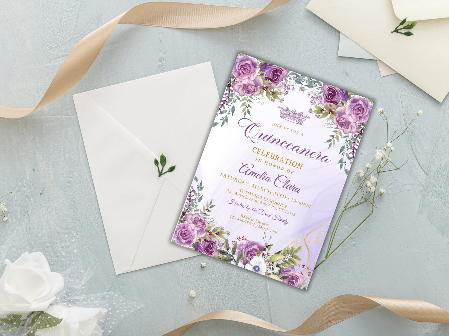 Purple Gold Floral Quinceanera Invitation Template (Digital Download)