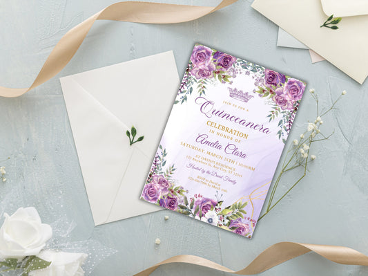 Purple Gold Floral Quinceanera Invitation Template (Digital Download)