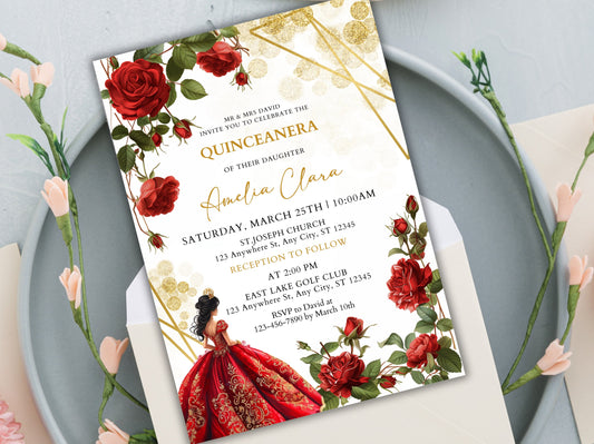 Burgundy Red Rose Quinceañera Invitation, Gold Floral (Instant Download)