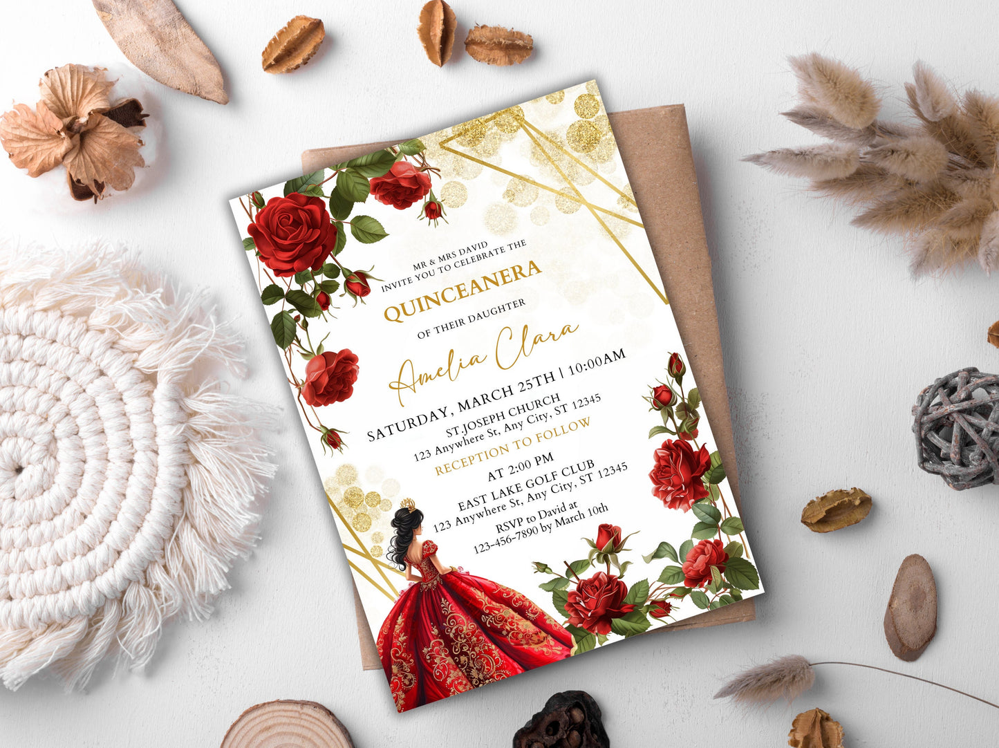 Invitation Quinceañera Rose Rouge Bourgogne, Floral Or (Téléchargement instantané)