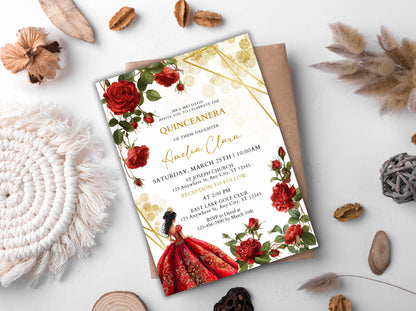 Invitation Quinceañera Rose Rouge Bourgogne, Floral Or (Téléchargement instantané)