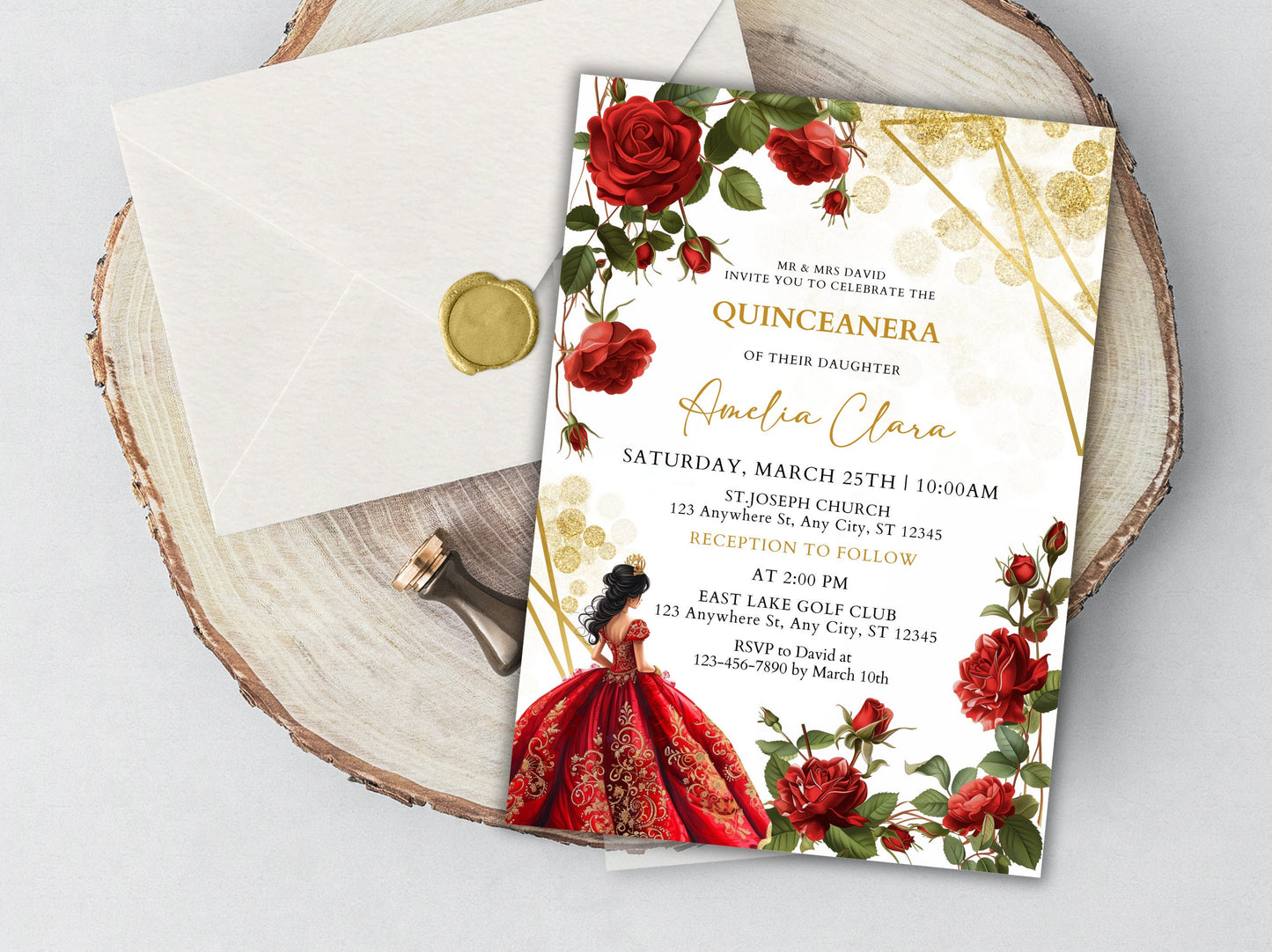 Invitation Quinceañera Rose Rouge Bourgogne, Floral Or (Téléchargement instantané)