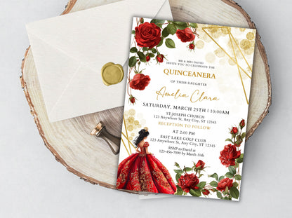 Invitation Quinceañera Rose Rouge Bourgogne, Floral Or (Téléchargement instantané)