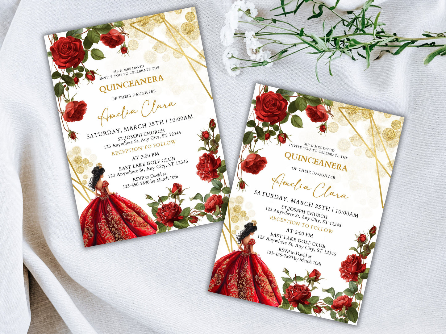 Invitation Quinceañera Rose Rouge Bourgogne, Floral Or (Téléchargement instantané)