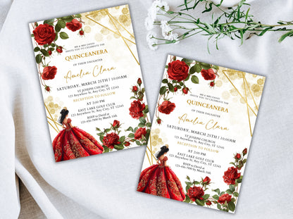 Invitation Quinceañera Rose Rouge Bourgogne, Floral Or (Téléchargement instantané)