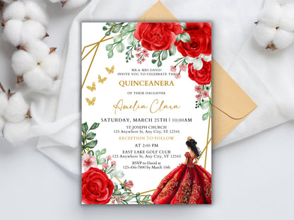 Burgundy Red Rose Quinceañera Invitation, Floral Gold Frame (Instant Download)