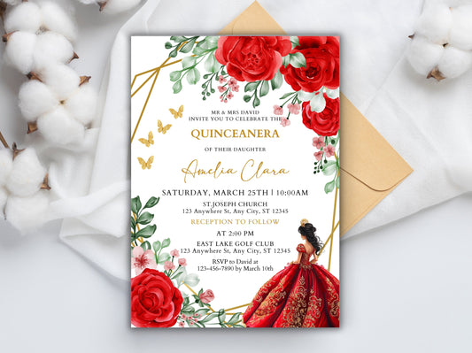 Burgundy Red Rose Quinceañera Invitation, Floral Gold Frame (Instant Download)
