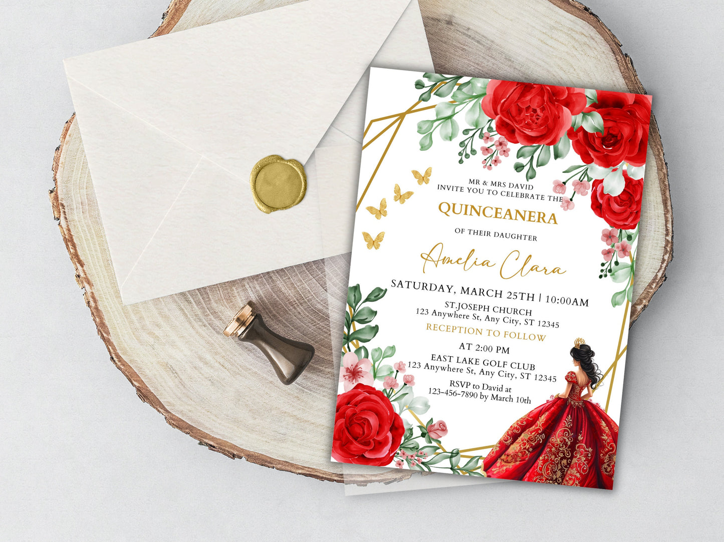 Burgundy Red Rose Quinceañera Invitation, Floral Gold Frame (Instant Download)