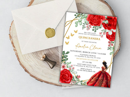 Burgundy Red Rose Quinceañera Invitation, Floral Gold Frame (Instant Download)