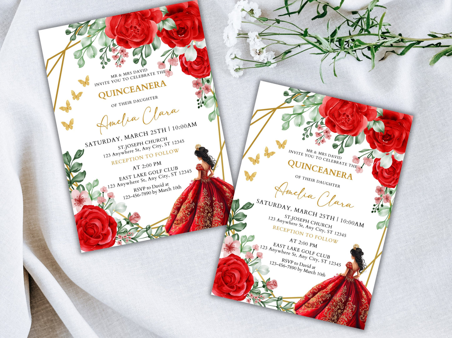 Burgundy Red Rose Quinceañera Invitation, Floral Gold Frame (Instant Download)