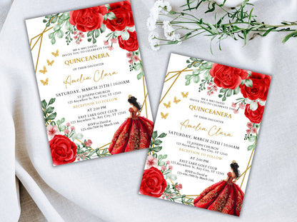 Burgundy Red Rose Quinceañera Invitation, Floral Gold Frame (Instant Download)