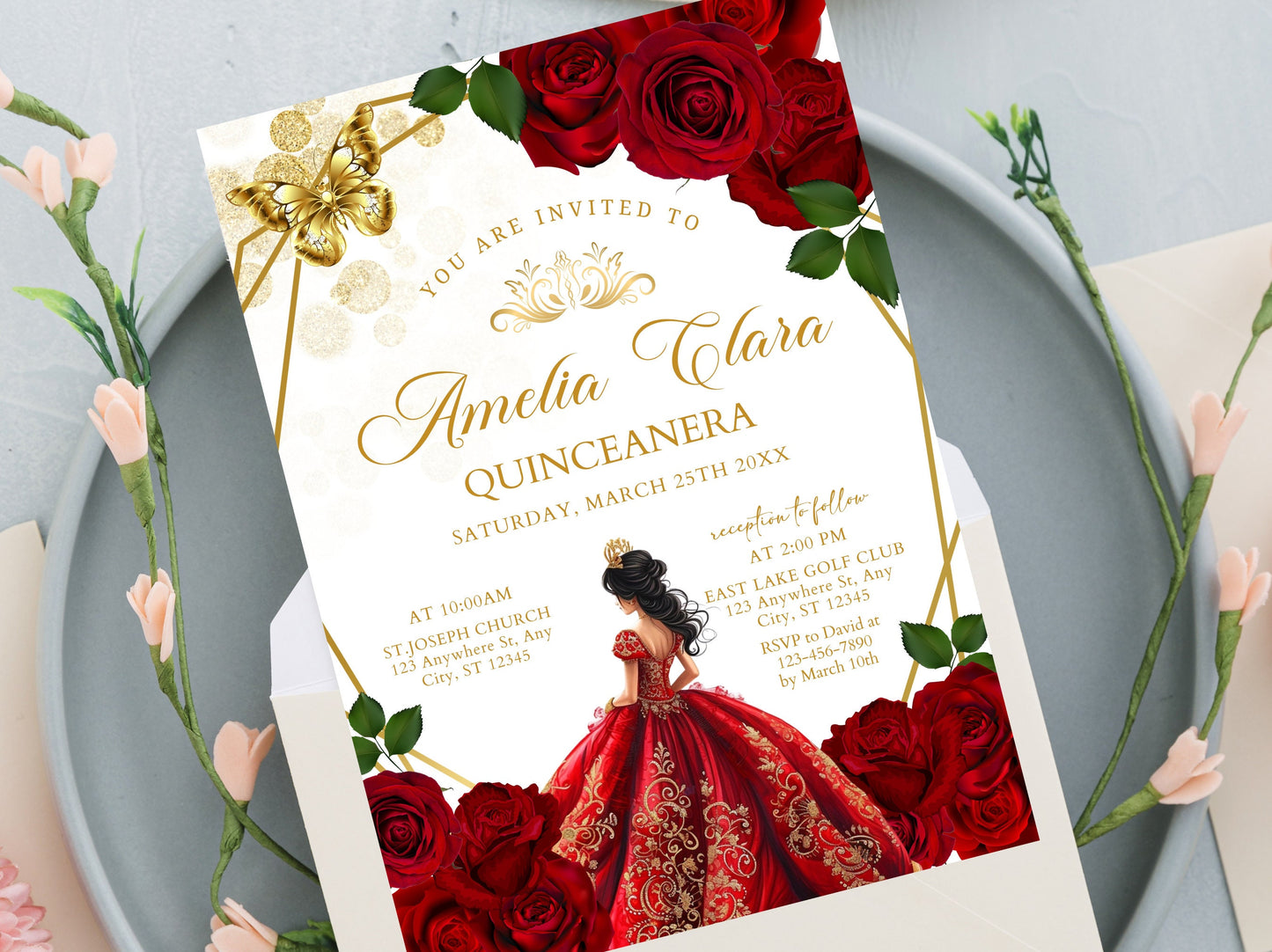 Burgundy Red Rose Quinceañera Invitation, Floral Gold Butterfly (Instant Download)