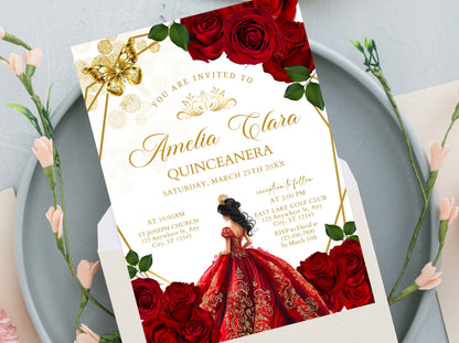 Burgundy Red Rose Quinceañera Invitation, Floral Gold Butterfly (Instant Download)