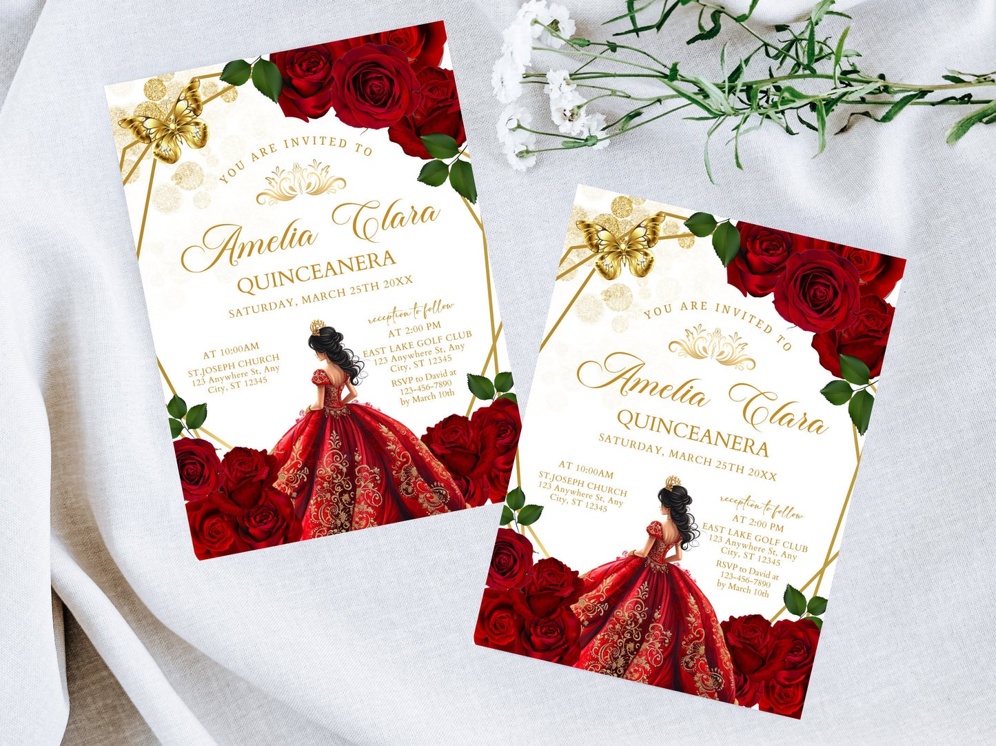 Burgundy Red Rose Quinceañera Invitation, Floral Gold Butterfly (Instant Download)