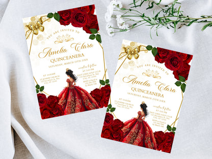 Burgundy Red Rose Quinceañera Invitation, Floral Gold Butterfly (Instant Download)