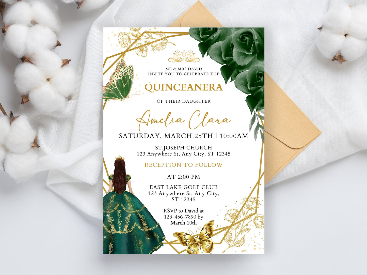 Emerald Green and Gold Quinceanera Invitation Template (Digital Download)
