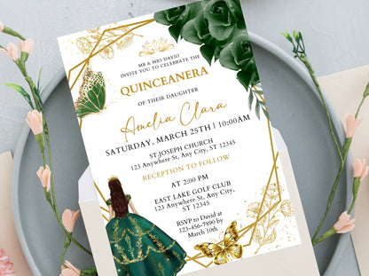 Emerald Green and Gold Quinceanera Invitation Template (Digital Download)